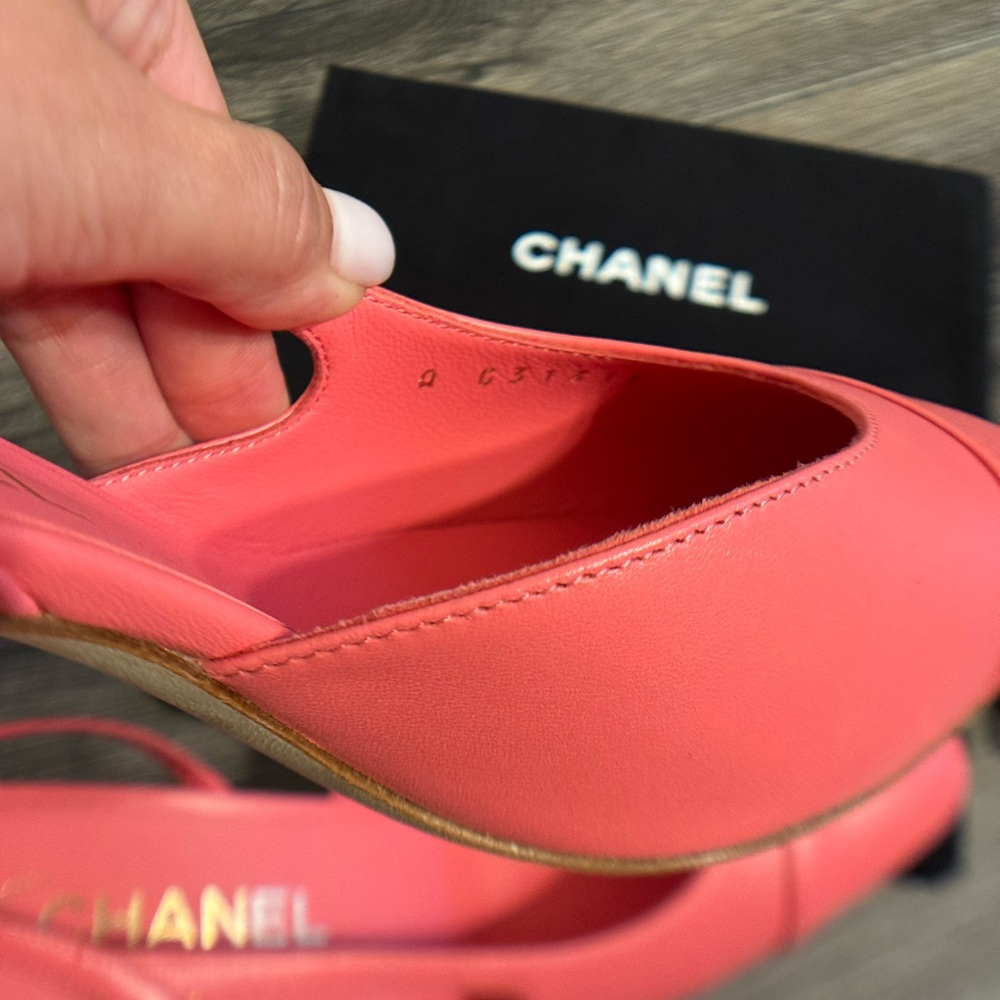 CHANEL Pink Leather Classic Slingback Heels - Size 37.5 C - Picture 3 of 10